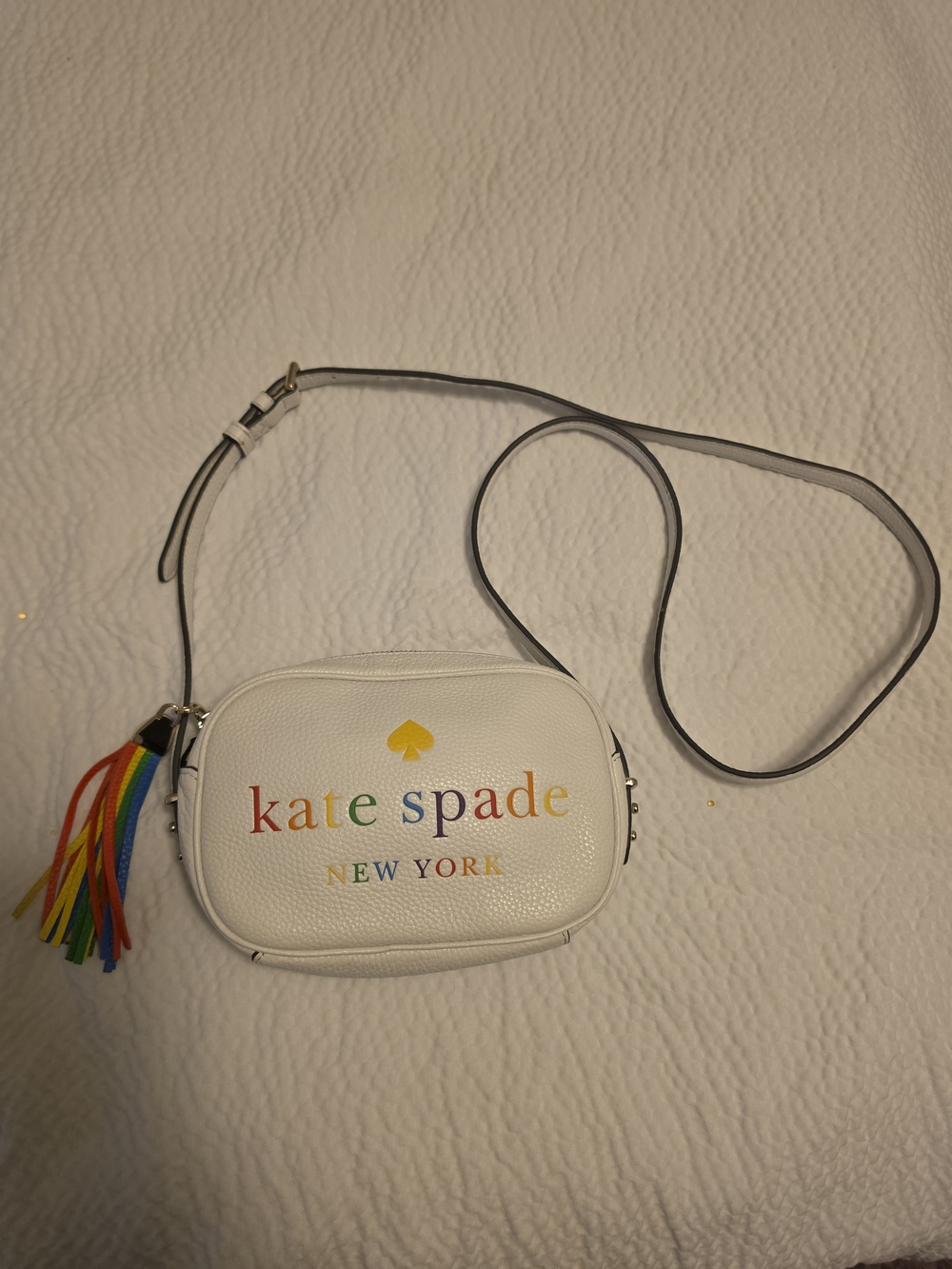 kate spade White Leather Crossbody with Rainbow Logo and Tassel